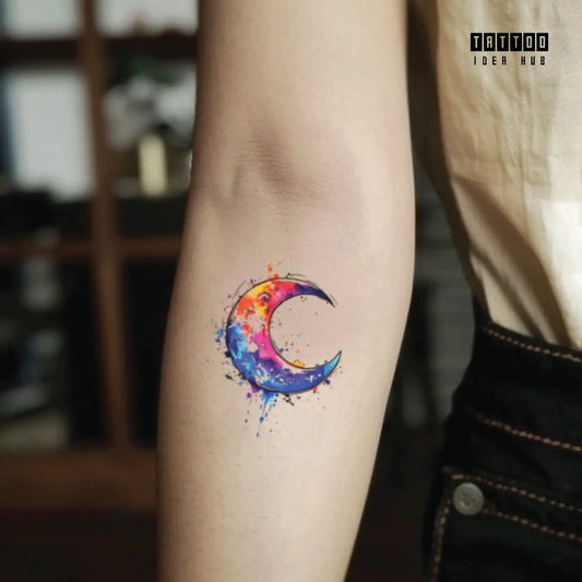 colorful moon forearm temporary tattoo idea design