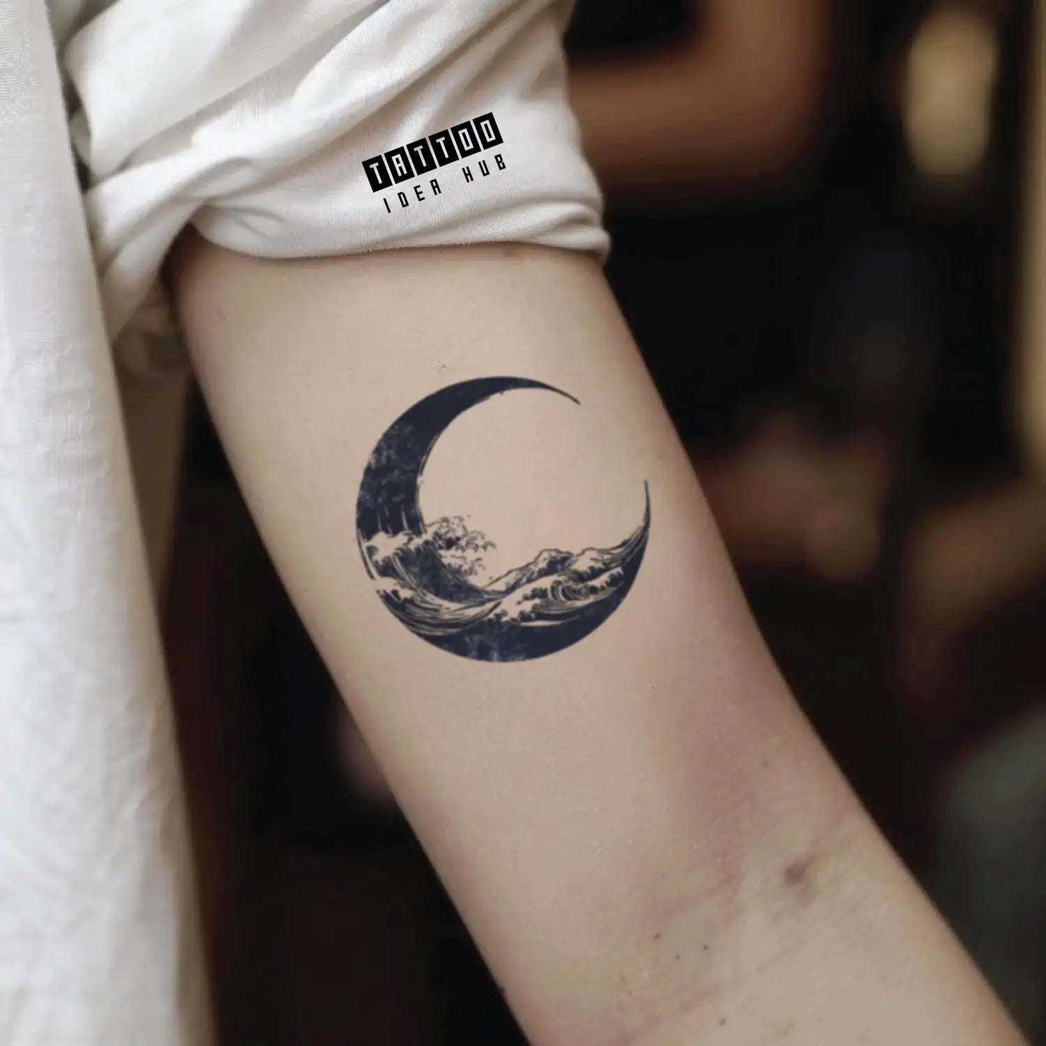 japanese great wave moon bicep temporary tattoo idea design