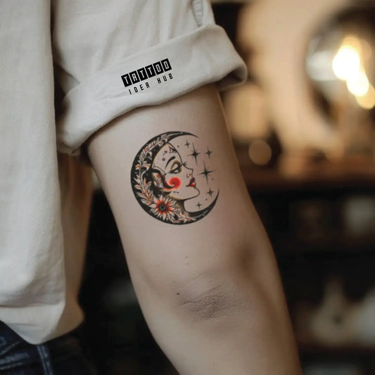 traditional moon bicep temporary tattoo idea design