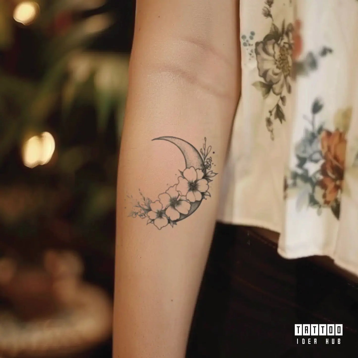 flowers moon forearm temporary tattoo idea design