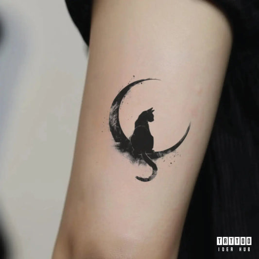 black cat moon bicep temporary tattoo idea design