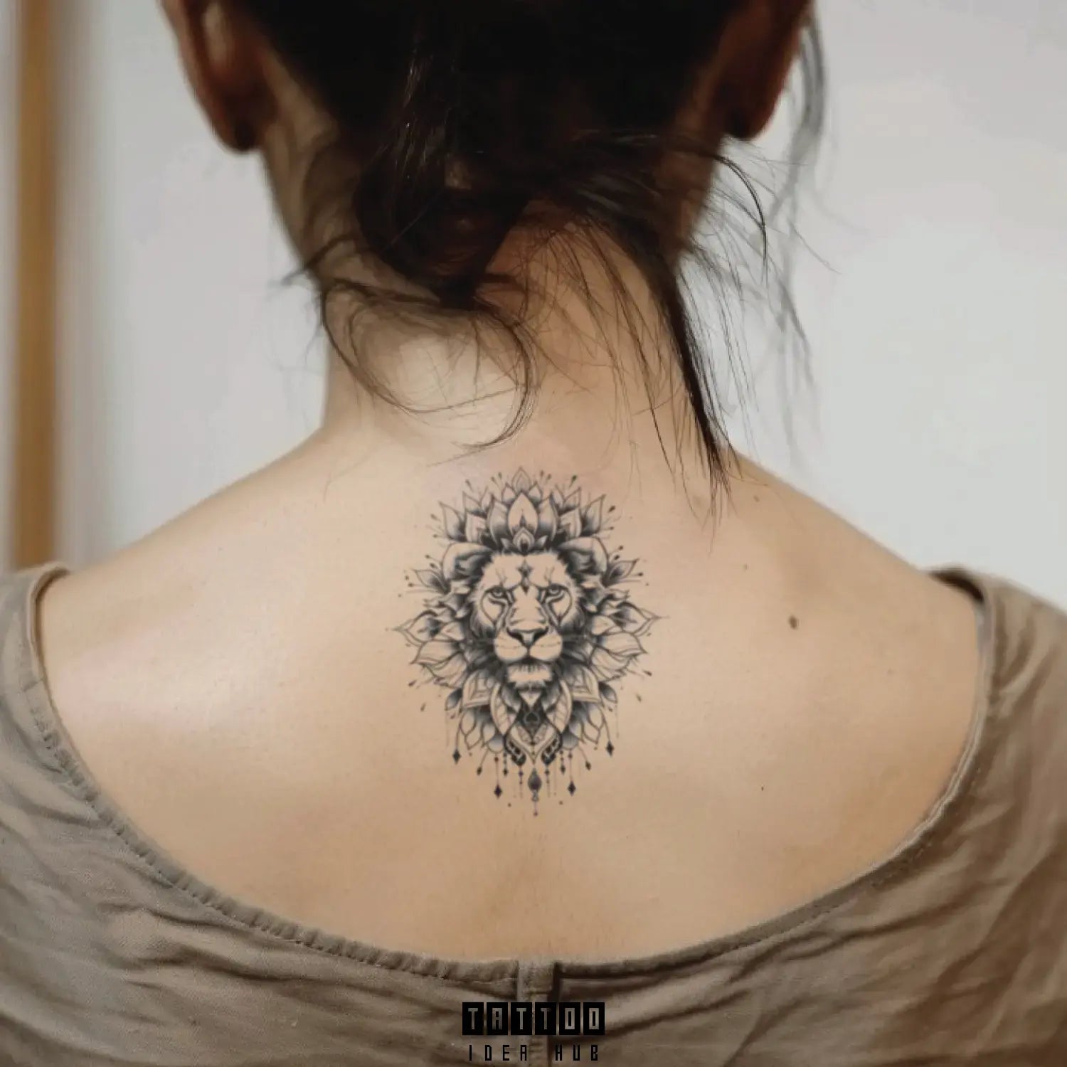 lion mandala neck temporary tattoo idea design