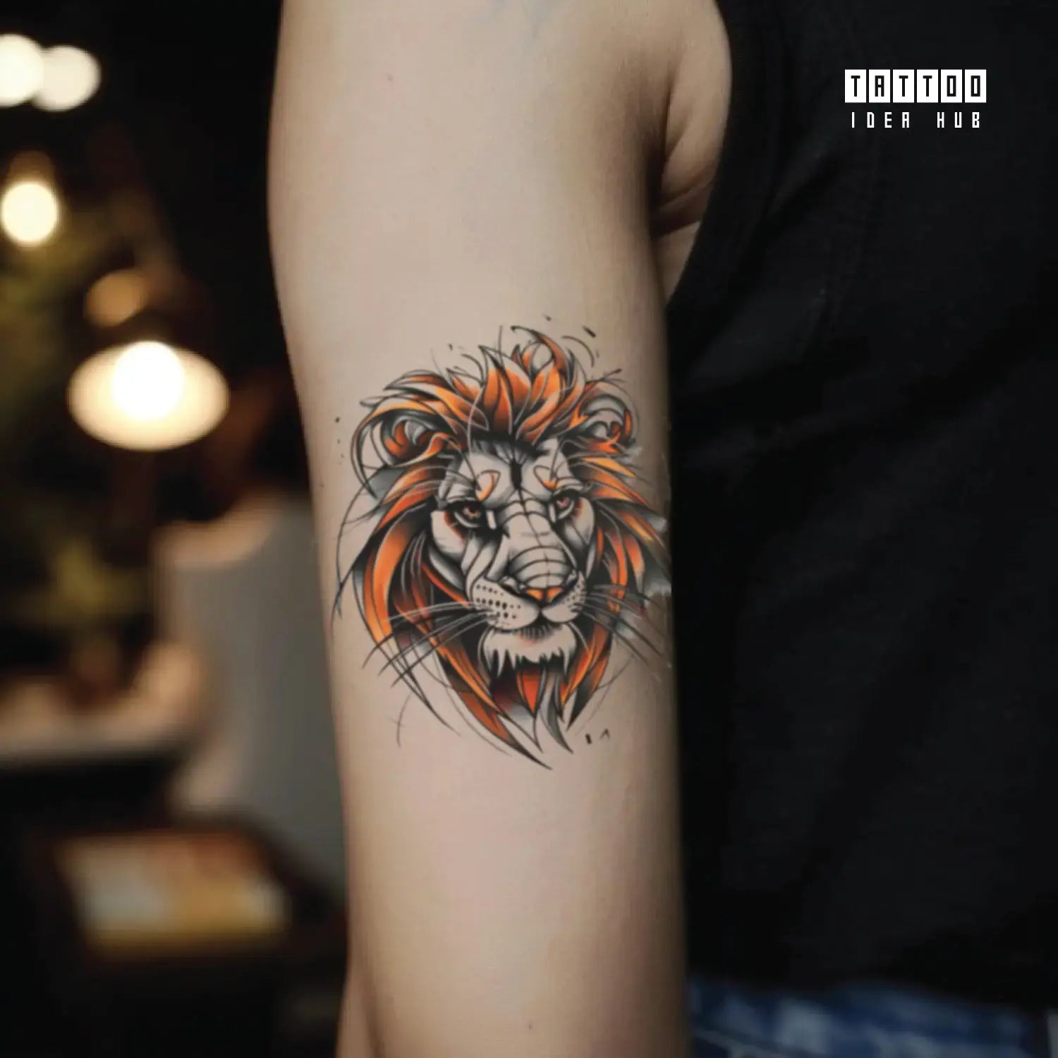 neo traditional lion bicep temporary tattoo idea design