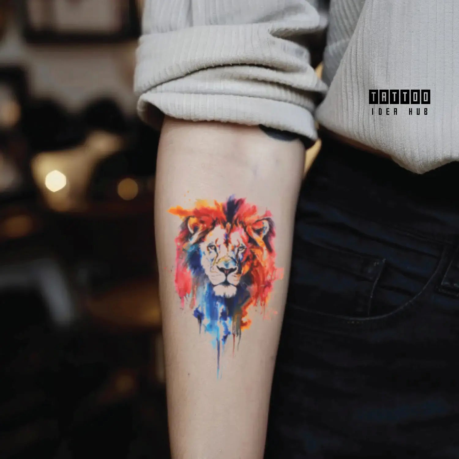 colorful lion forearm temporary tattoo idea design