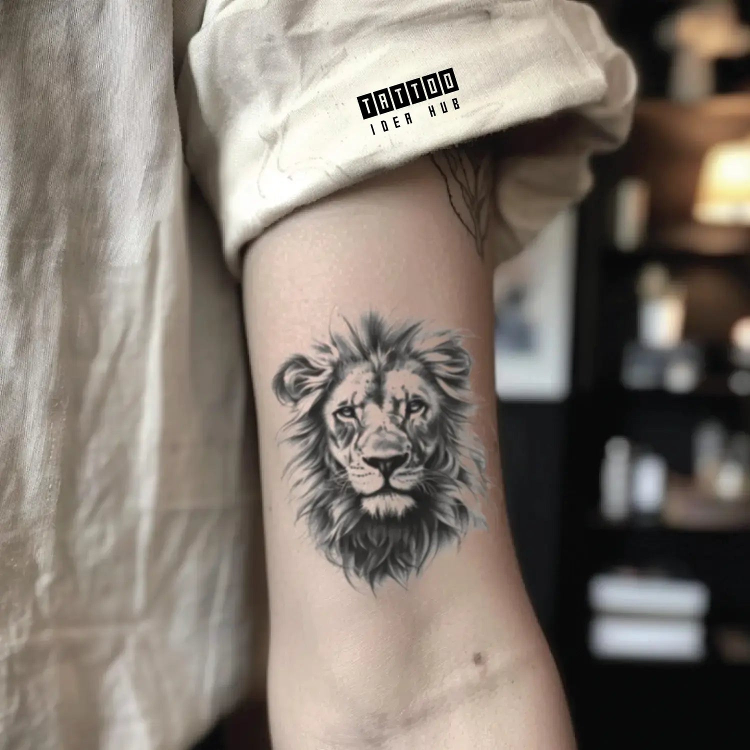 realistic lion bicep temporary tattoo idea design