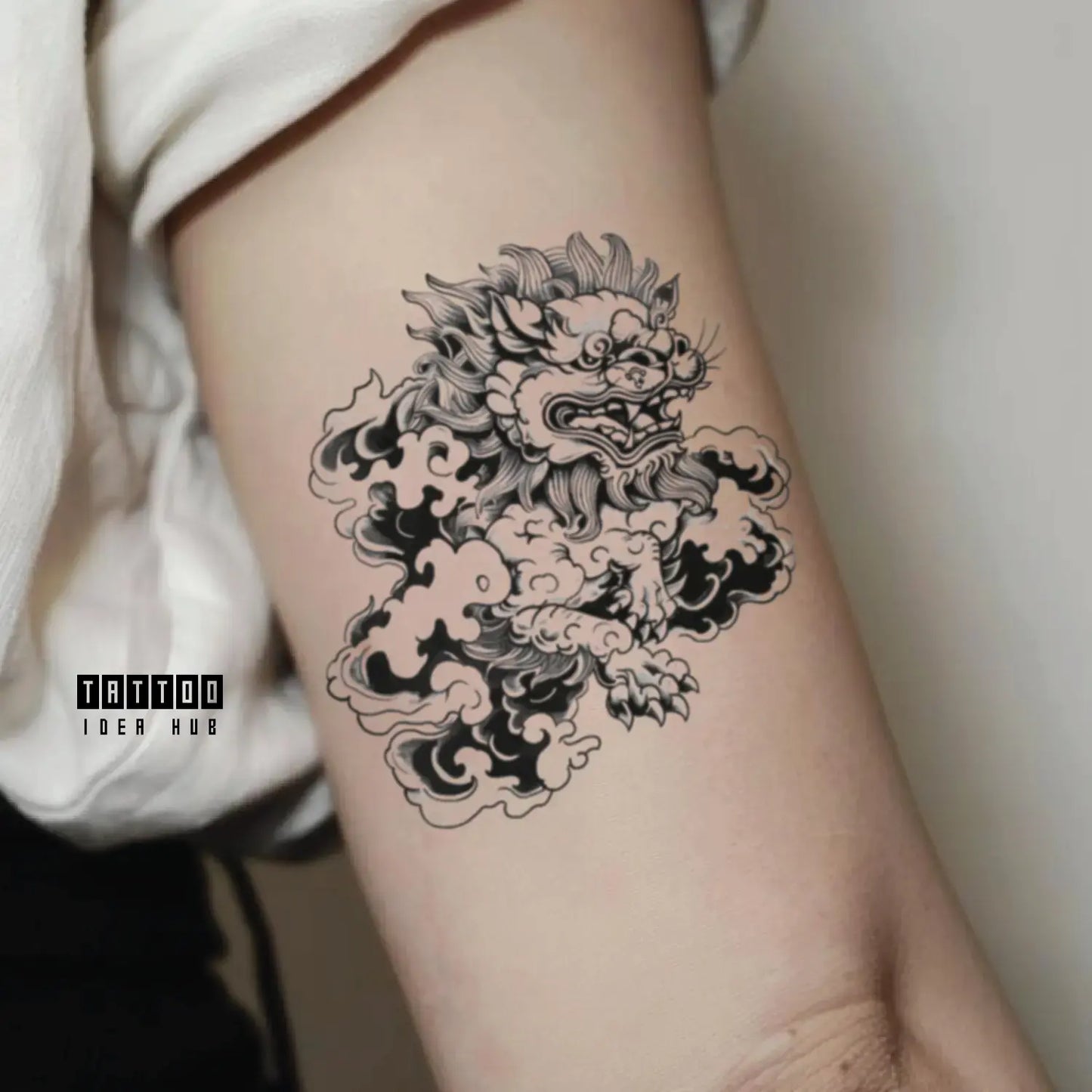 japanese lion bicep temporary tattoo idea design