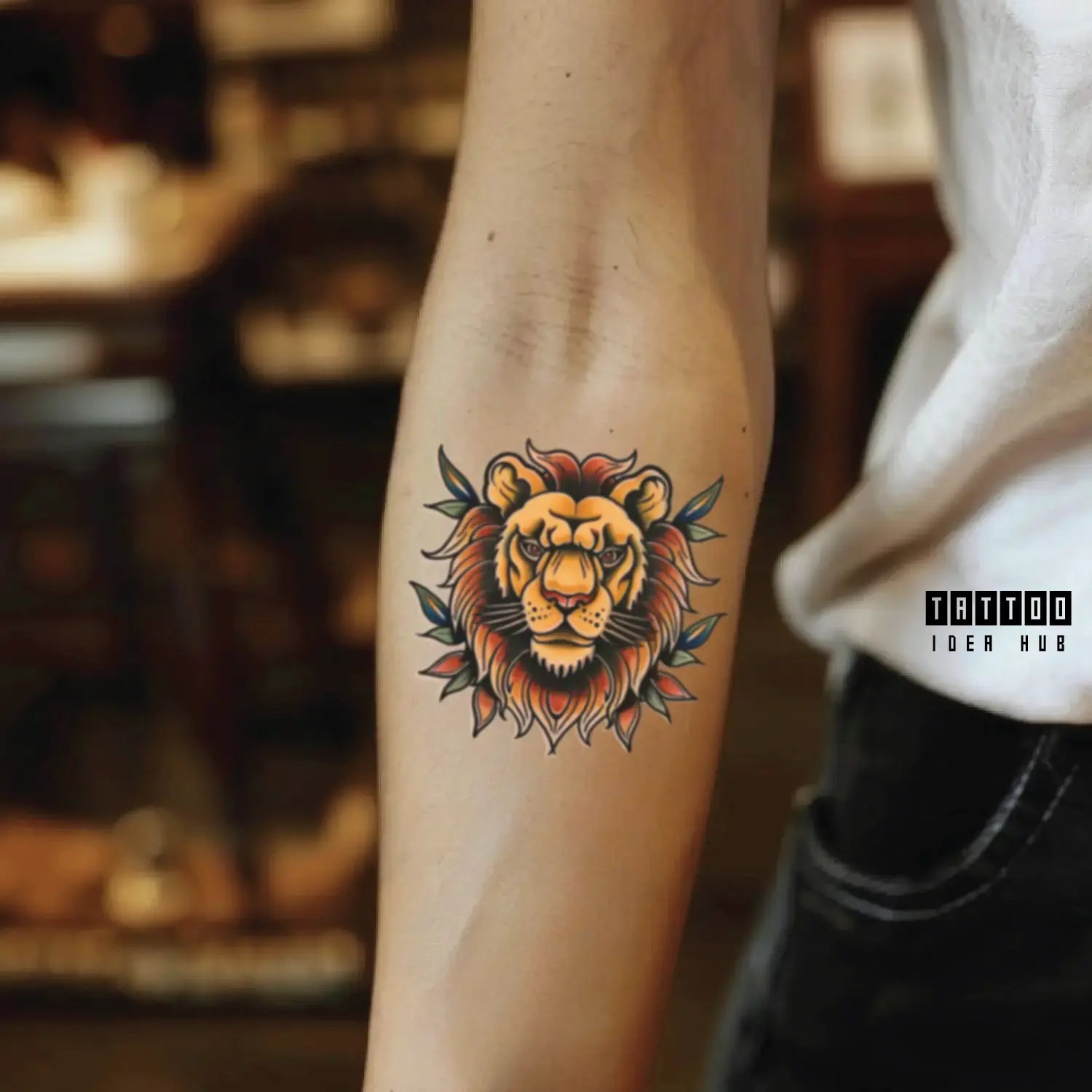 traditional lion forearm temporary tattoo idea design