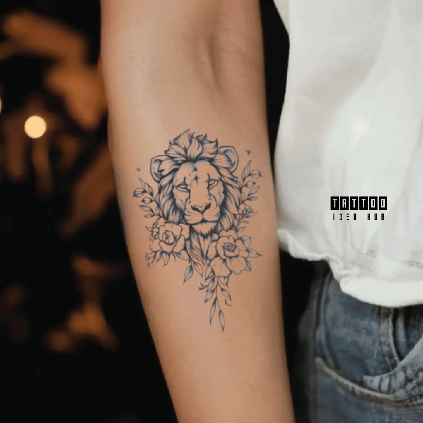 lion flowers forearm temporary tattoo idea design