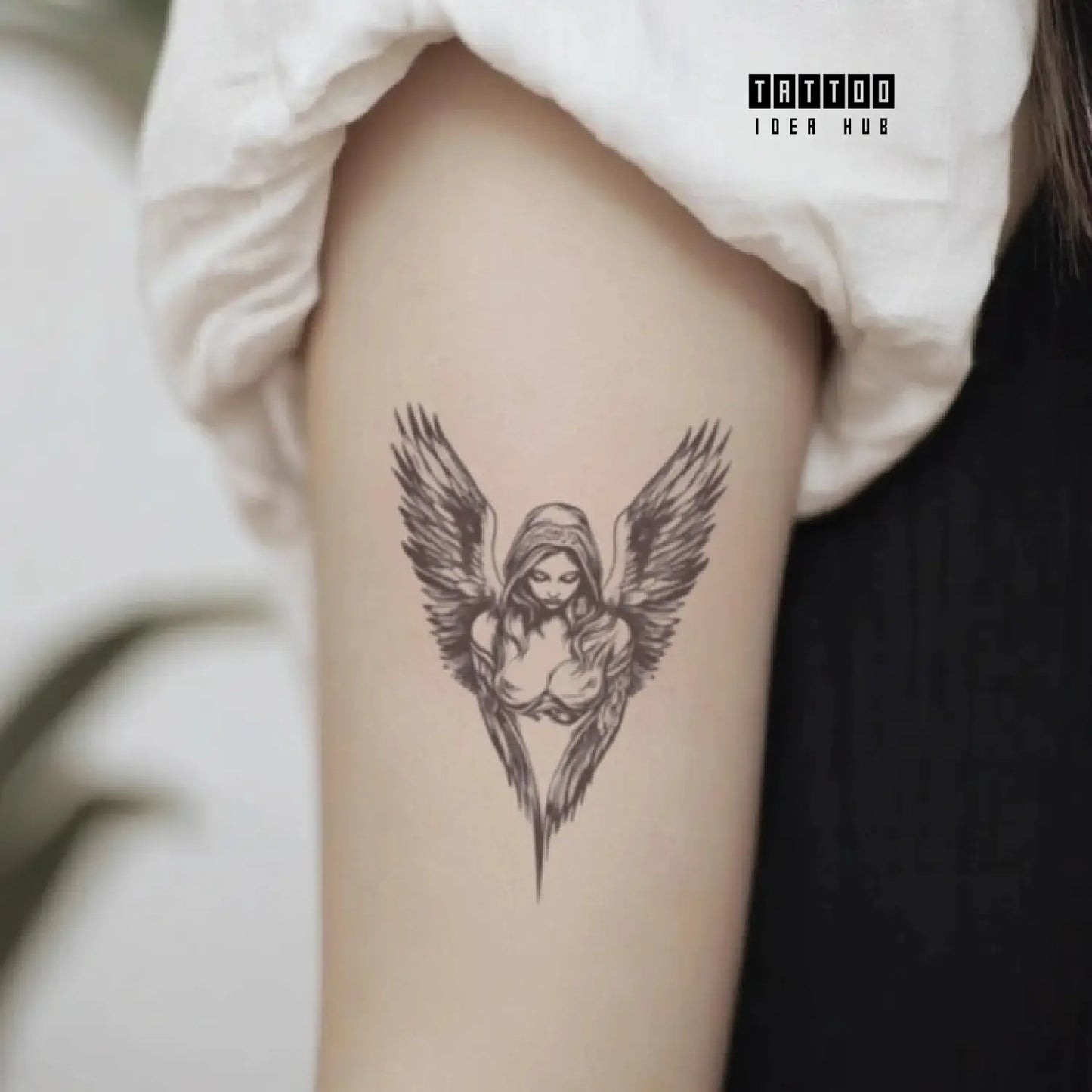 simple guardian angel bicep temporary tattoo idea design