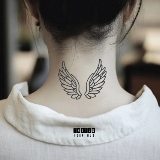 simple minimal angel wing outline neck temporary tattoo idea design