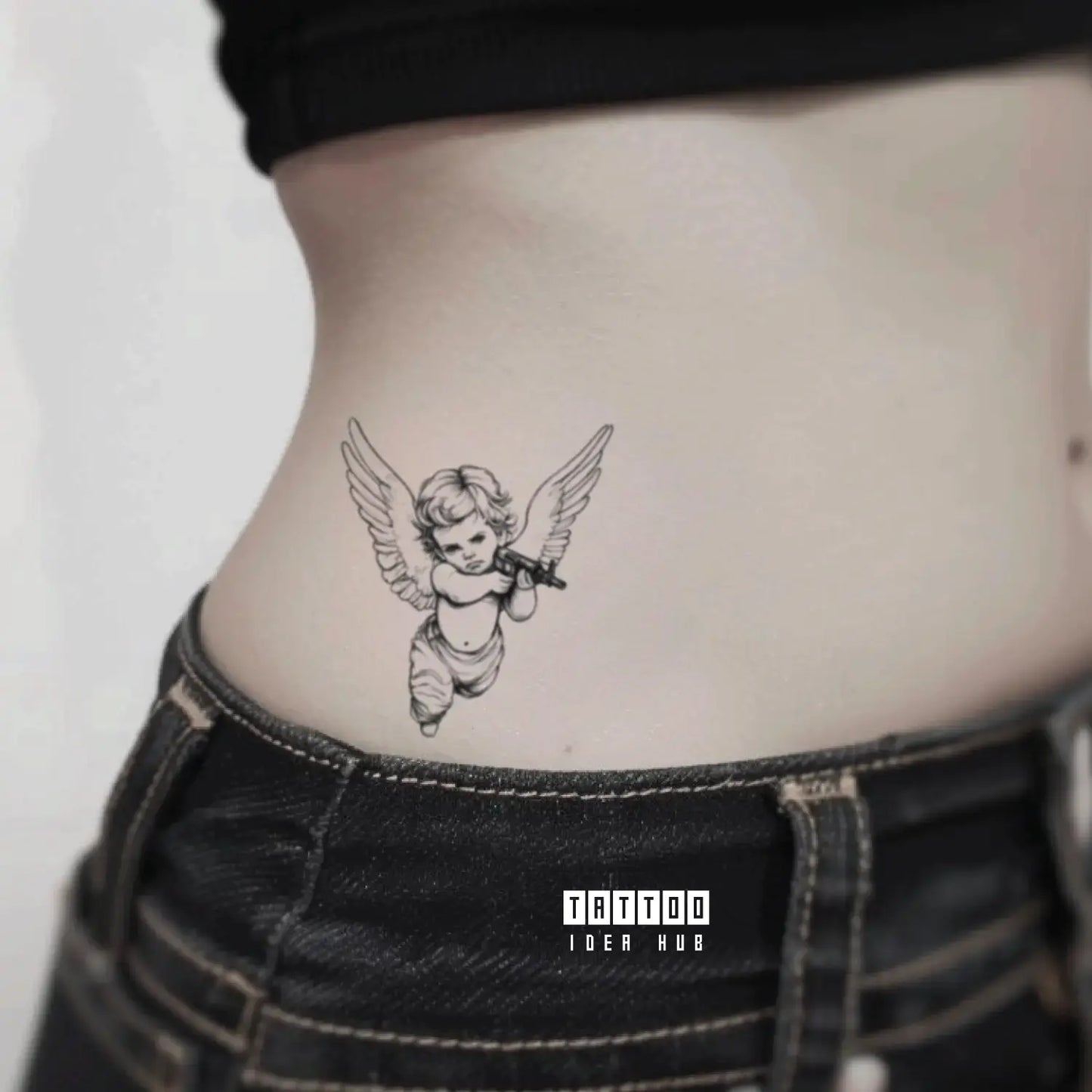 cherub angel baby with ak47 gun waist temporary tattoo idea design