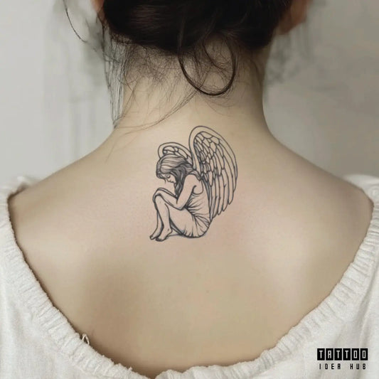 simple angel outline neck temporary tattoo idea design