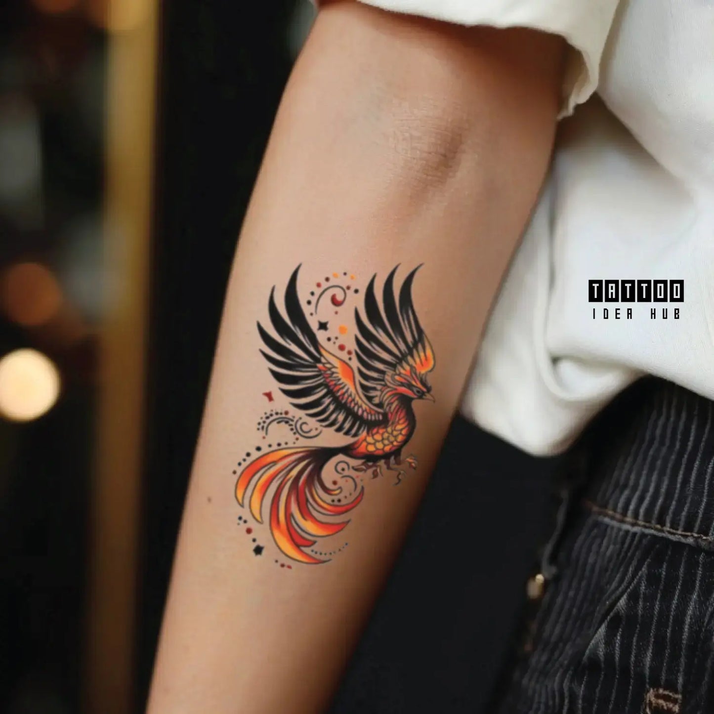 neo traditional phoenix forearm temporary tattoo idea design