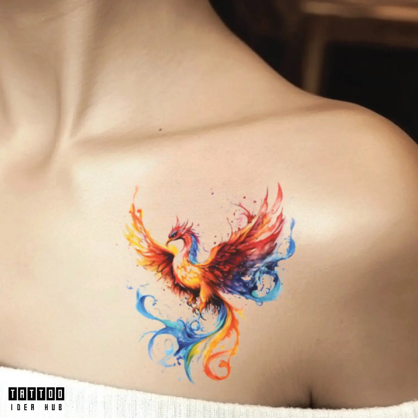 watercolor phoenix shoulder temporary tattoo idea design