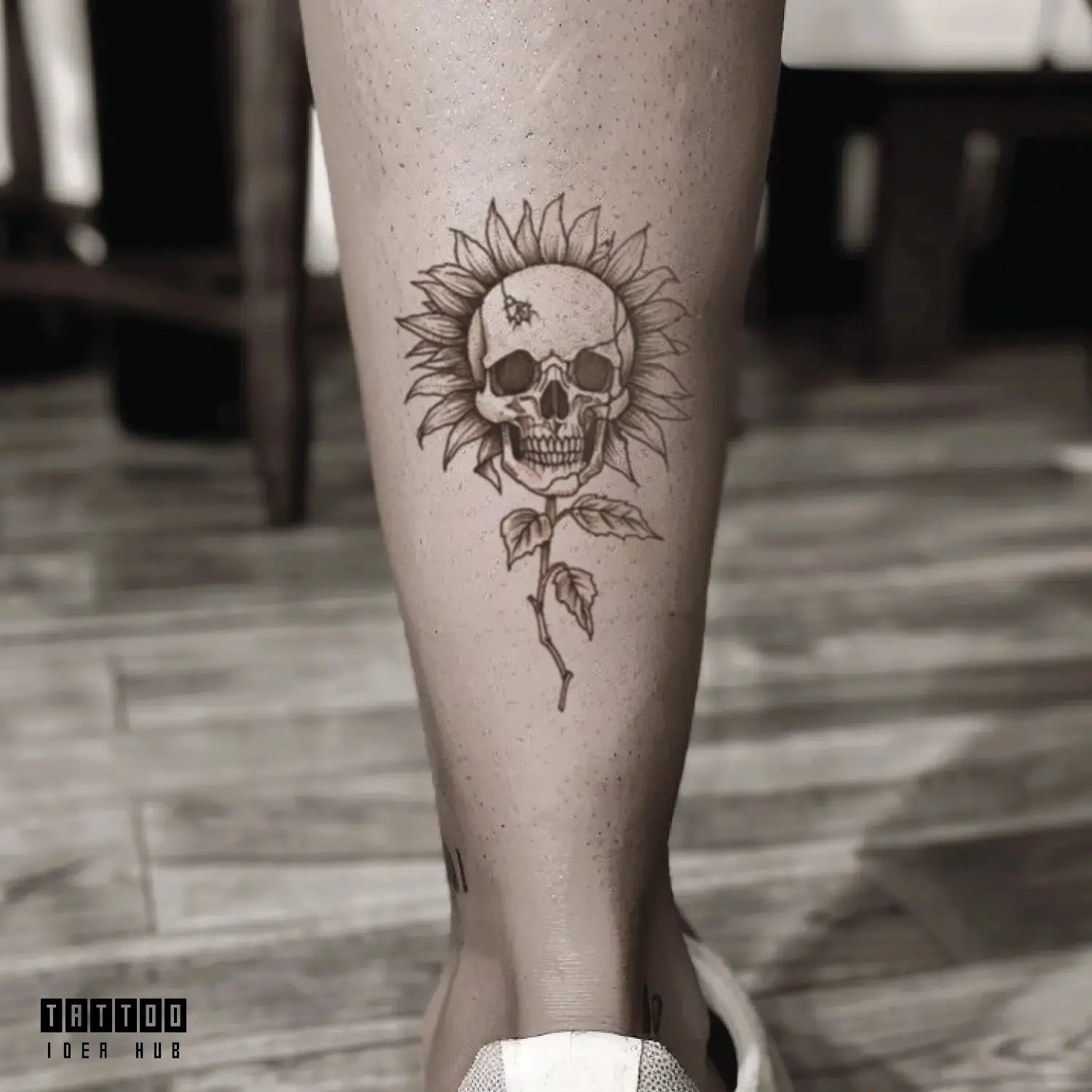 sunflower skull leg temporary tattoo idea design