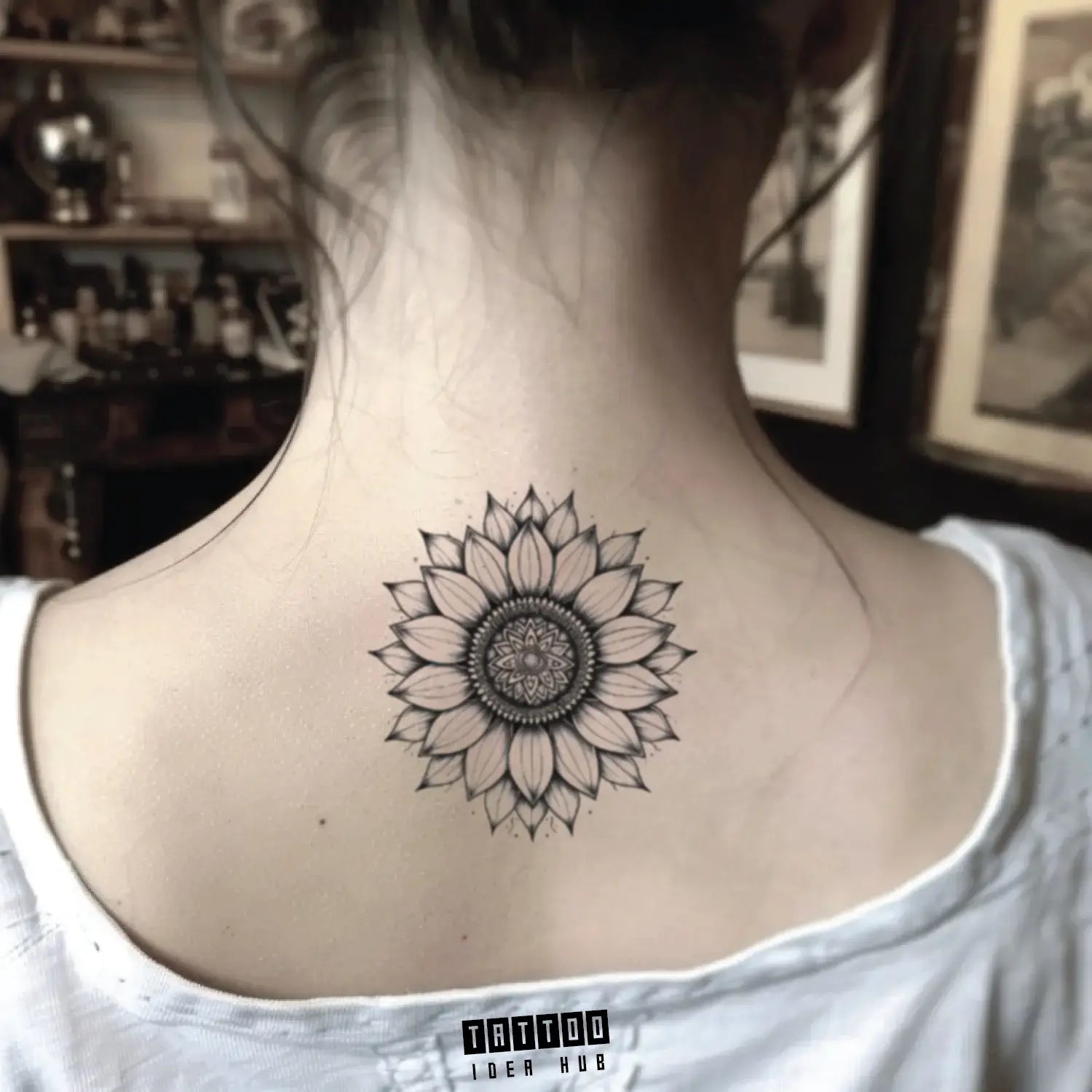 mandala sunflower neck temporary tattoo idea design