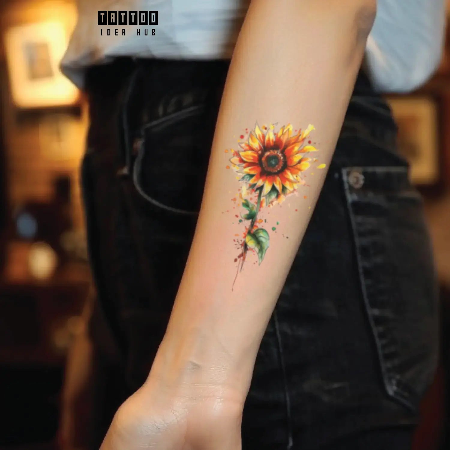 watercolor sunflower forearm temporary tattoo idea design