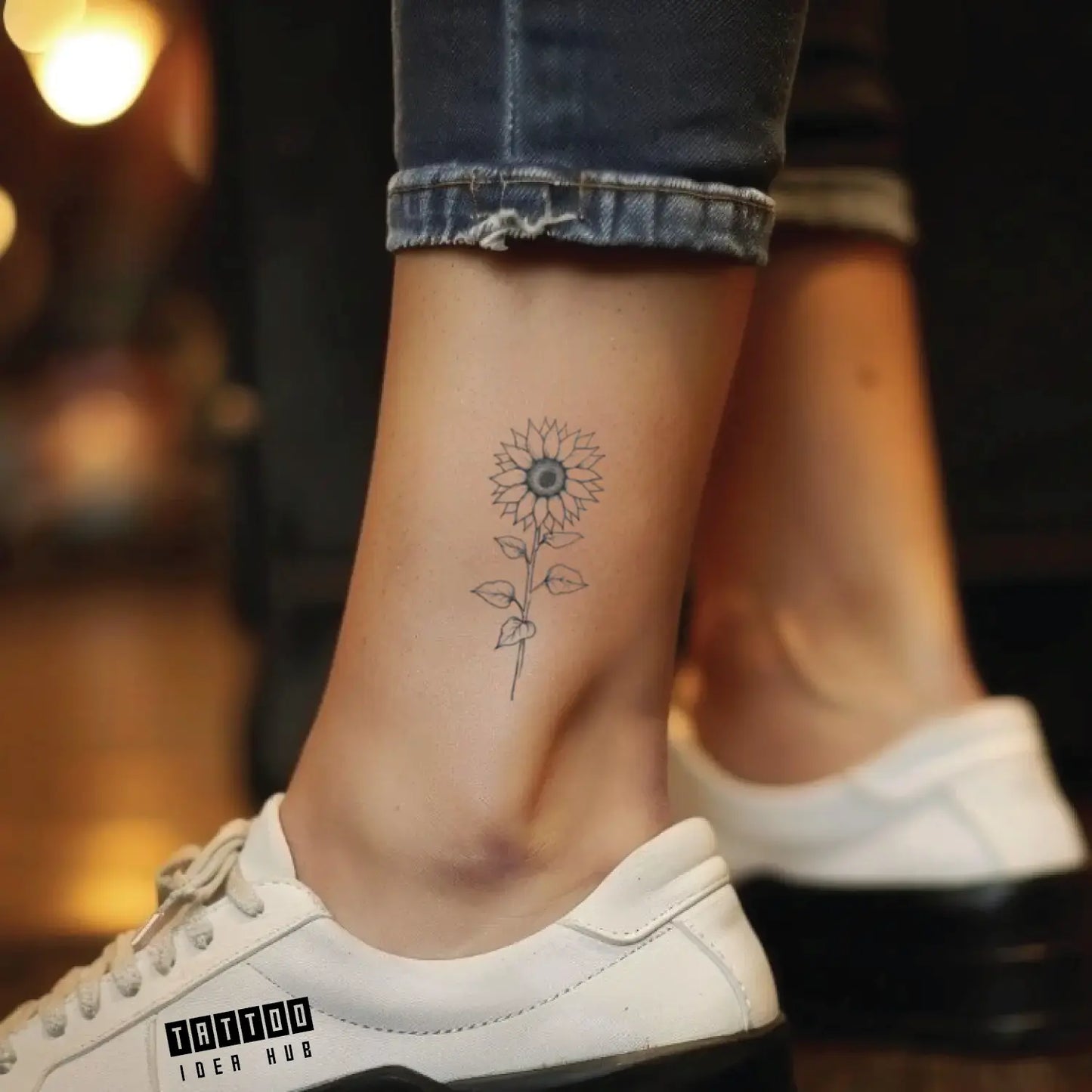 simple sunflower outline ankle temporary tattoo idea design