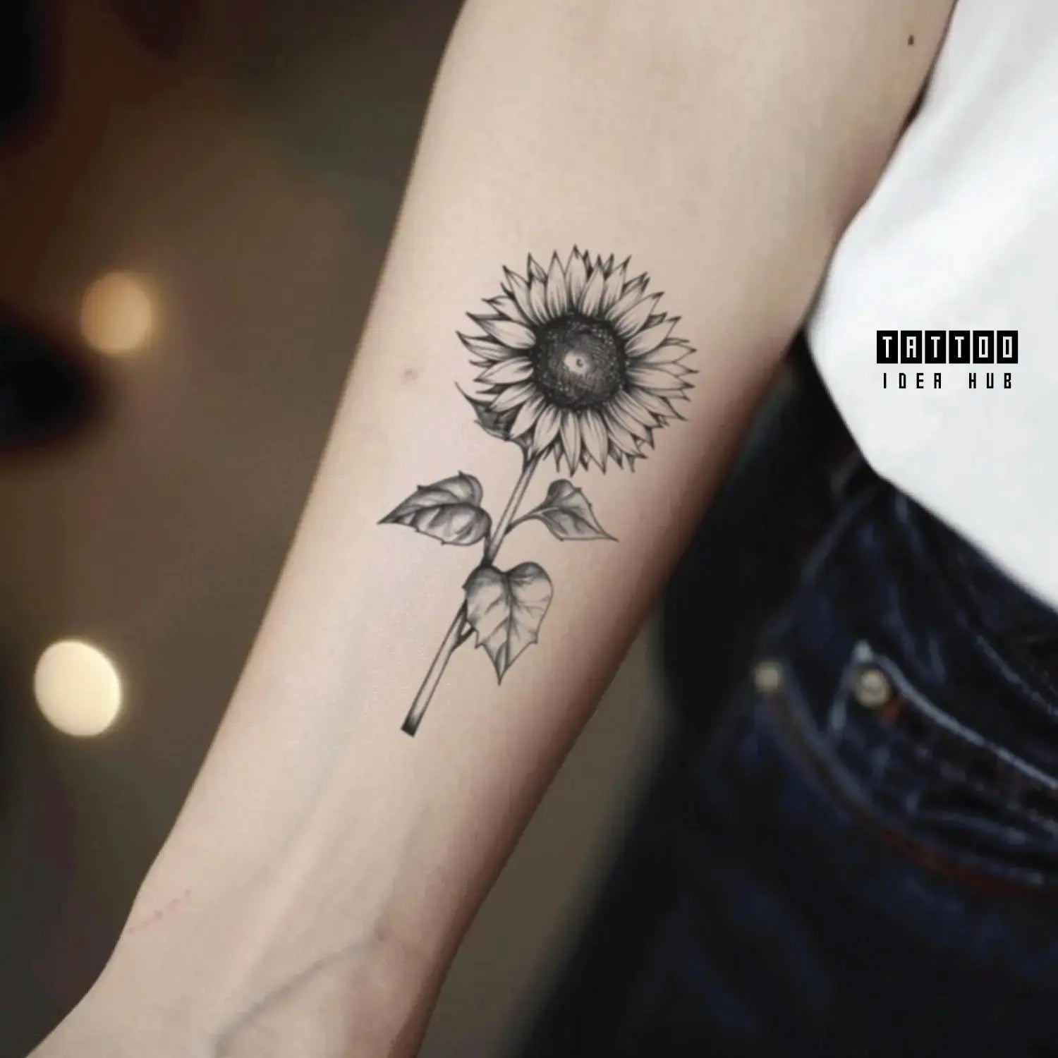 black and white sunflower forearm temporary tattoo idea design