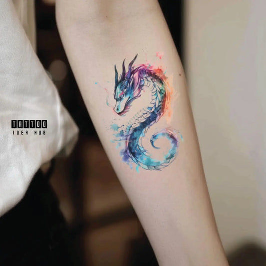 watercolor dragon forearm temporary tattoo idea design