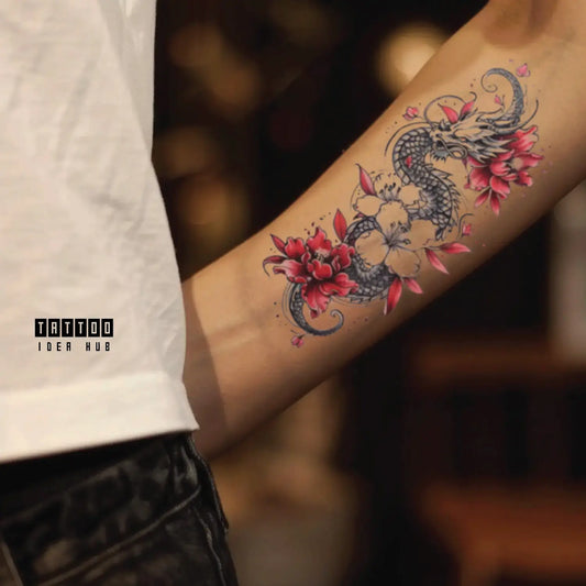 dragon and flower forearm temporary tattoo idea design