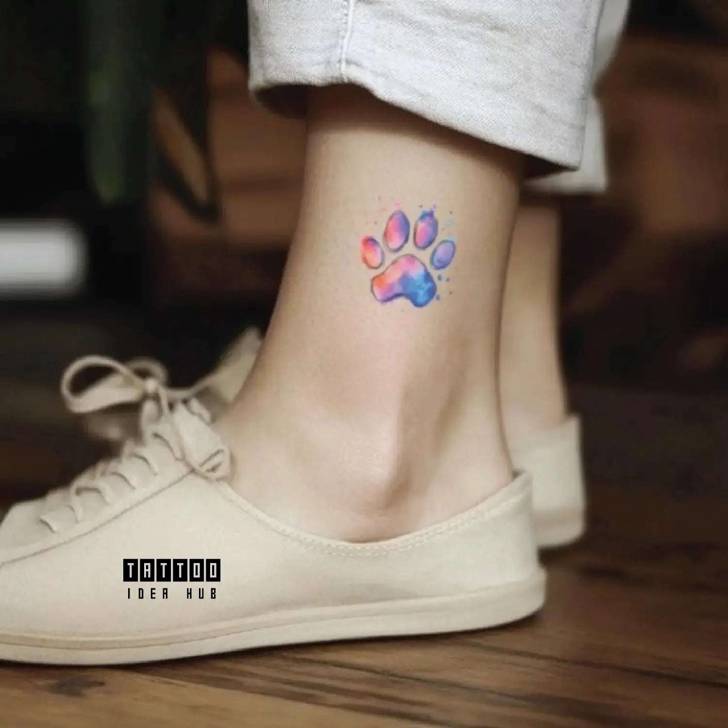 watercolor dog cat paw print ankle temporary tattoo idea design