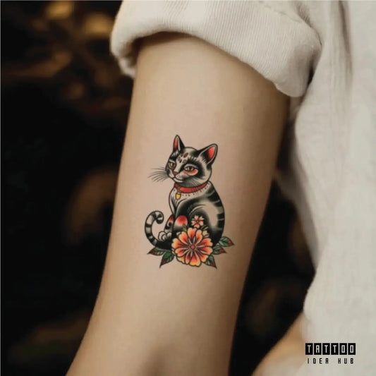 traditional black cat bicep temporary tattoo idea design