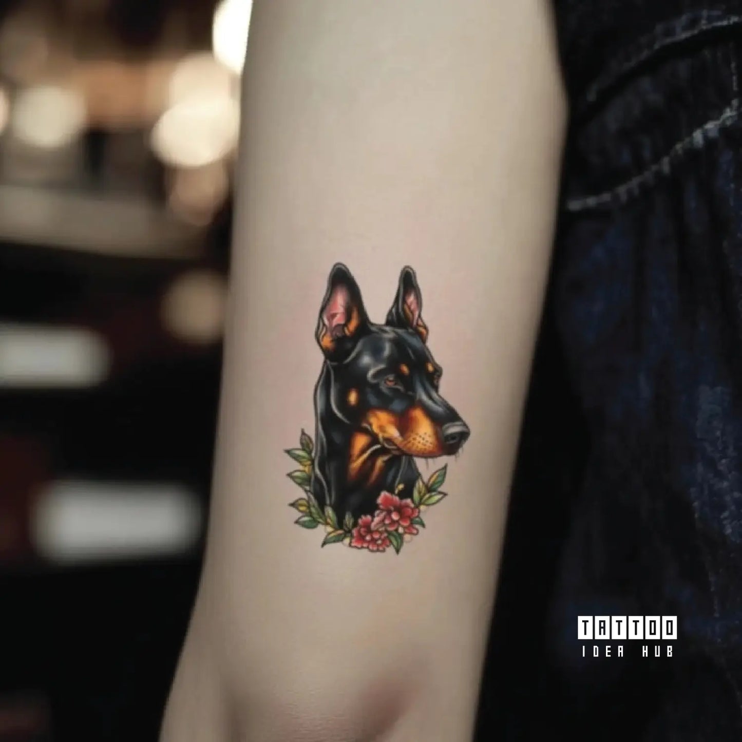 traditional doberman pinscher dog bicep temporary tattoo idea design