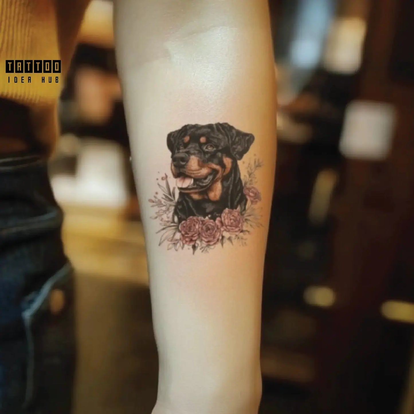 realistic rottweiler dog with rose flowers forearm temporary tattoo idea design