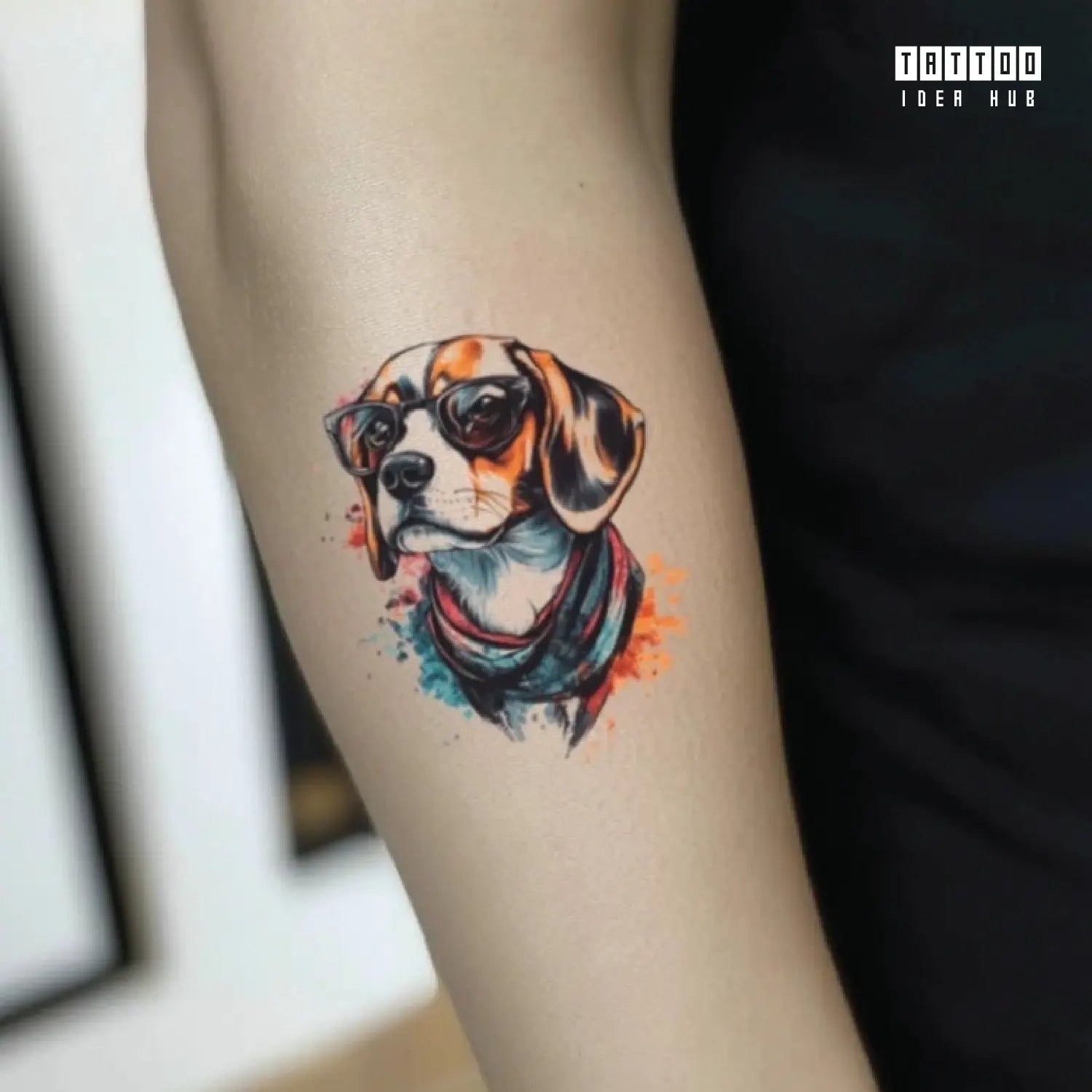 colorful beagle dog with sunglasses forearm temporary tattoo idea design