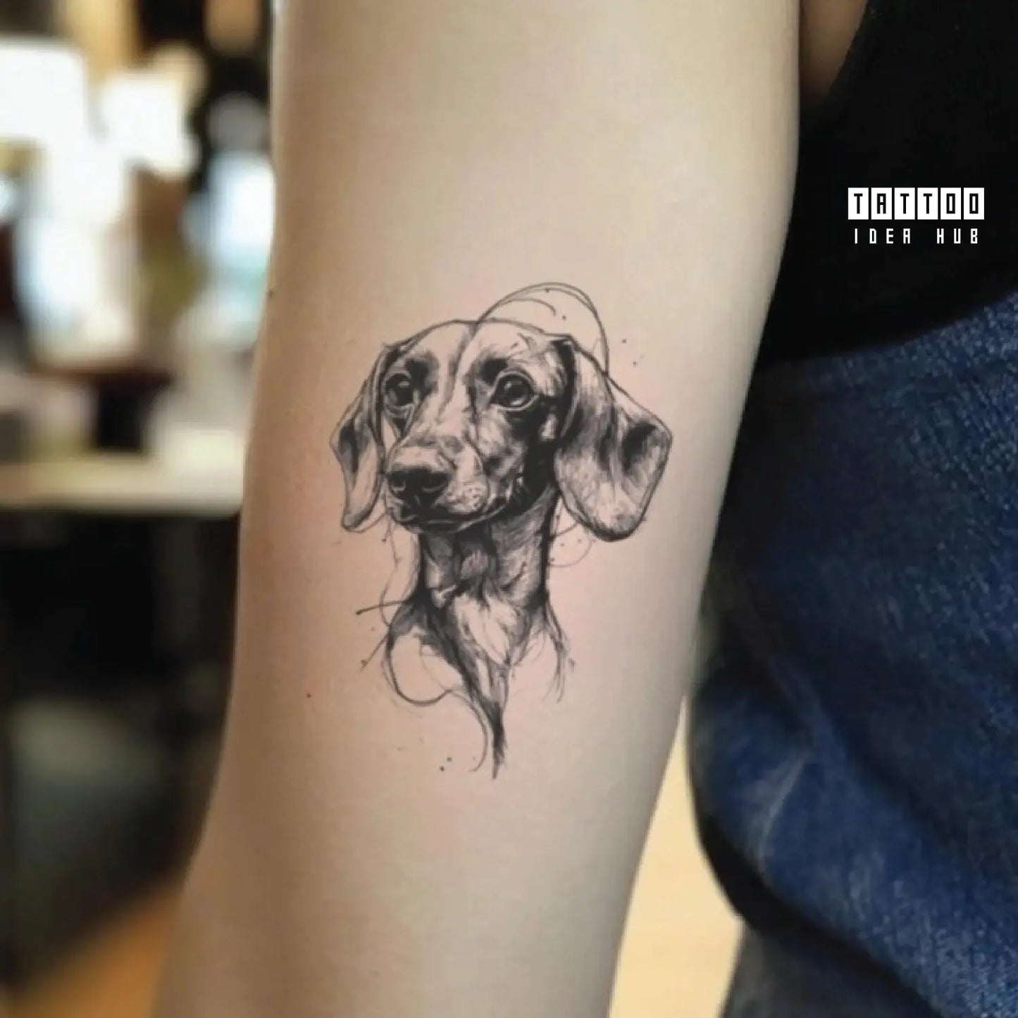 sketchy dachshund dog portrait bicep temporary tattoo idea design