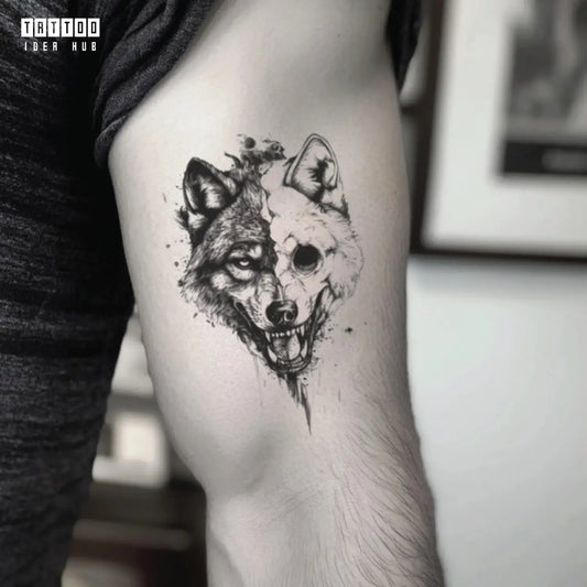 half skull wolf bicep temporary tattoo idea design