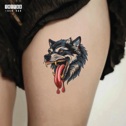 traditional wolf thigh temporary tattoo idea design