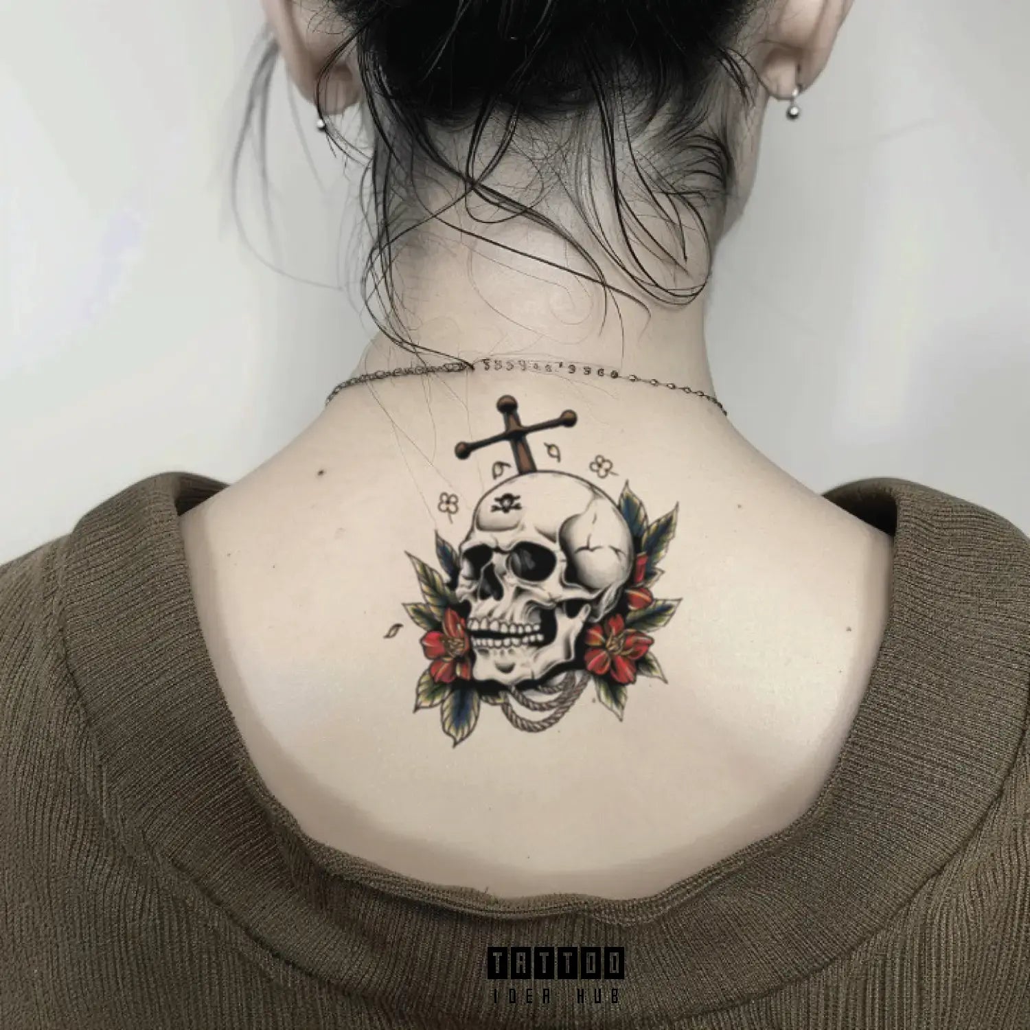 traditional skull floral neck temporary tattoo idea design