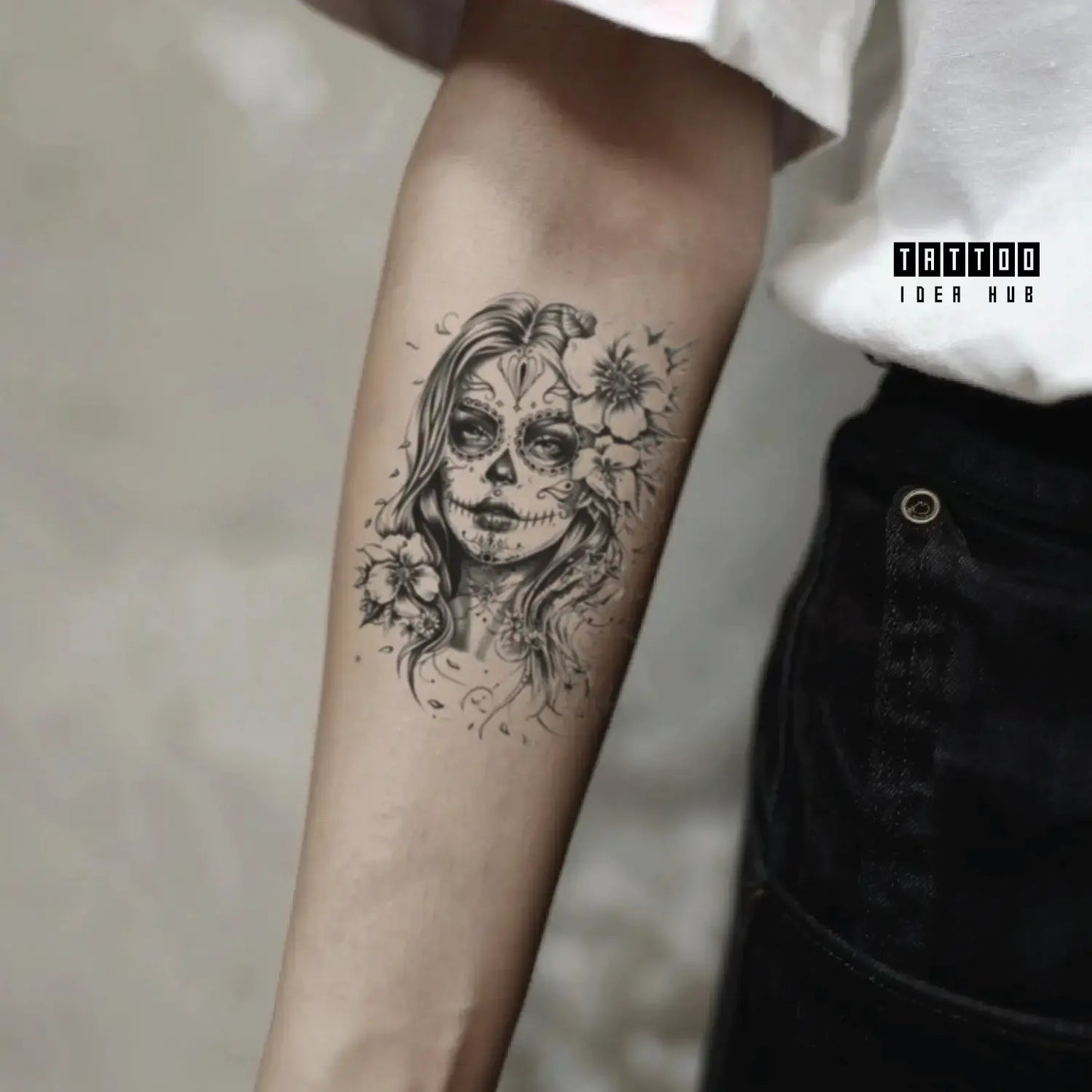 sugar skull woman forearm temporary tattoo idea design