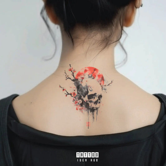 japanese skull neck temporary tattoo idea design