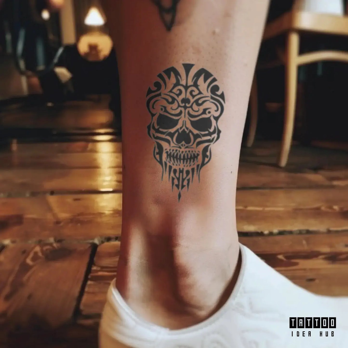 tribal skull leg temporary tattoo idea design