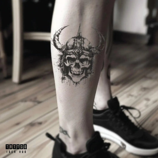 viking skull sketch leg temporary tattoo idea design