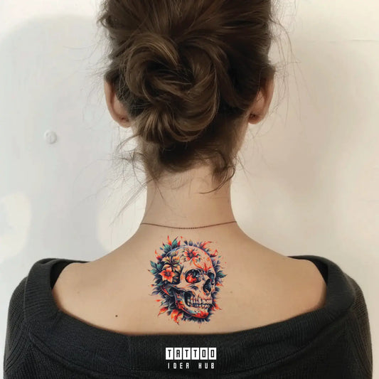 neo traditional skull neck temporary tattoo idea design