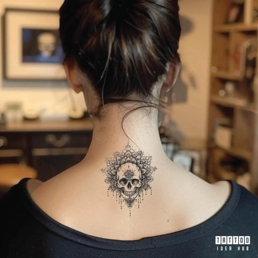 mandala skull neck temporary tattoo idea design