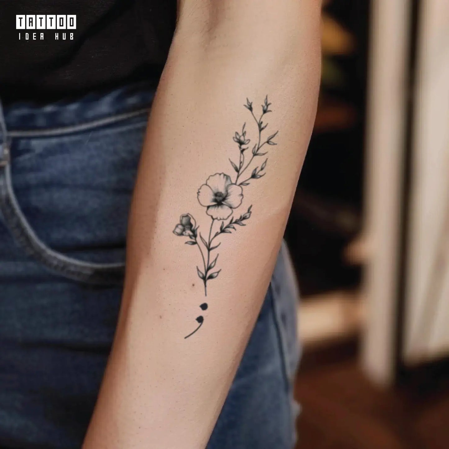 semicolon flower forearm temporary tattoo idea design