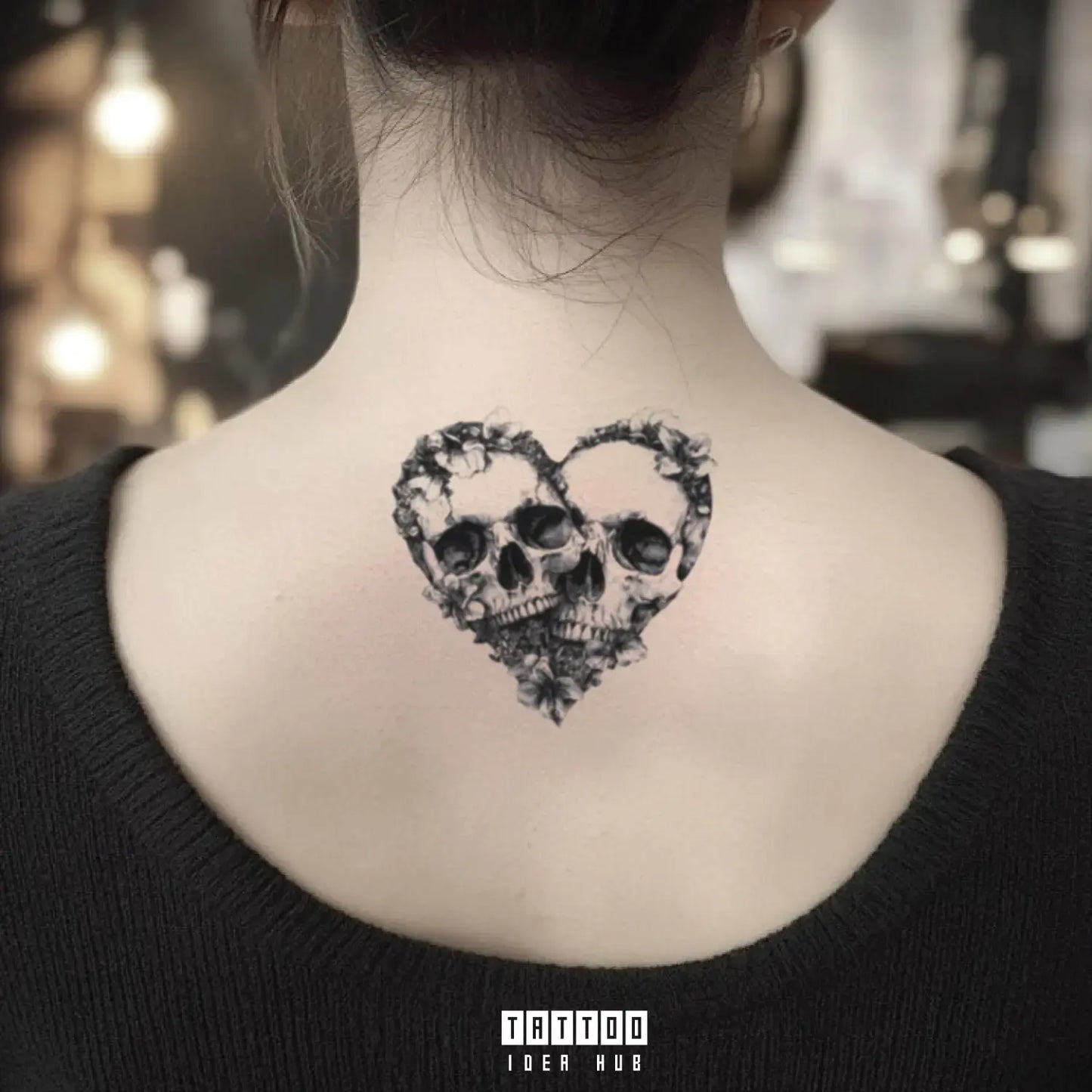 floral skull couple heart neck temporary tattoo idea design