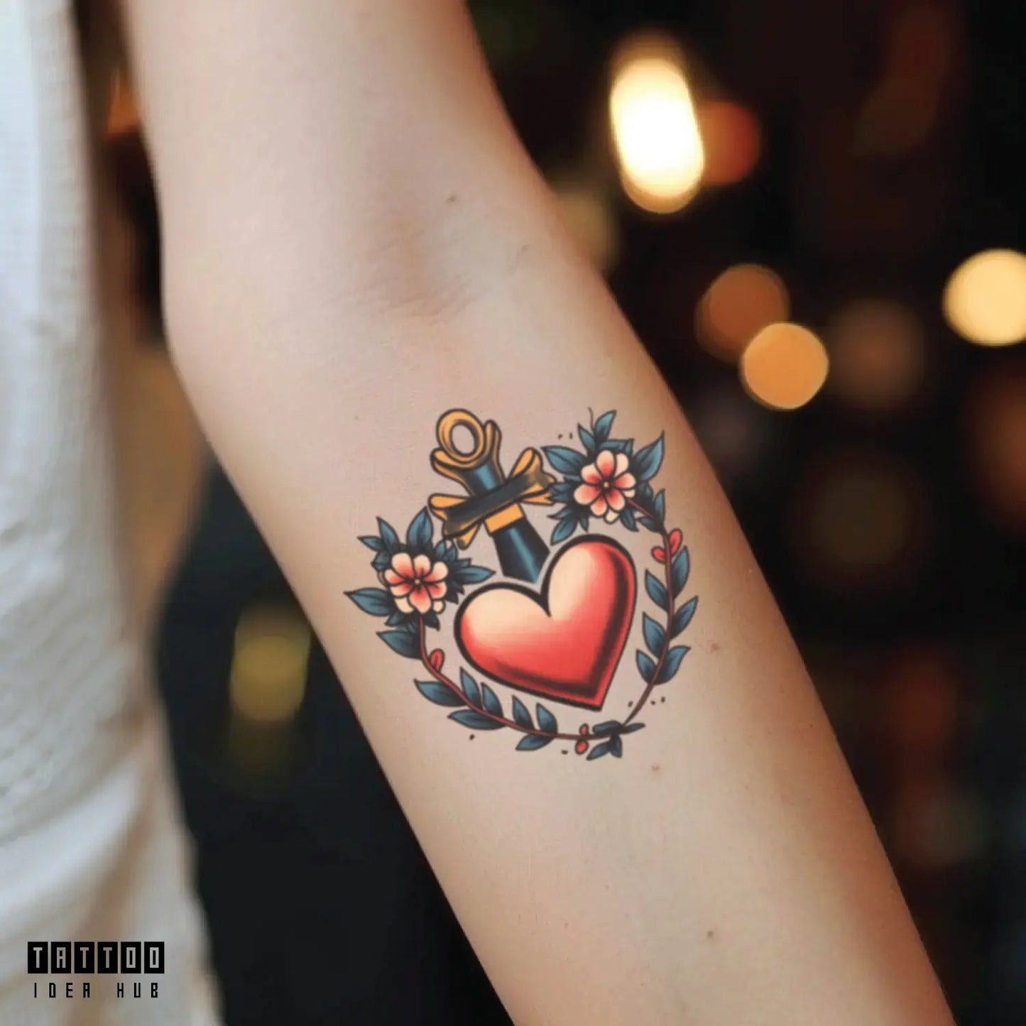 traditional red heart forearm temporary tattoo idea design