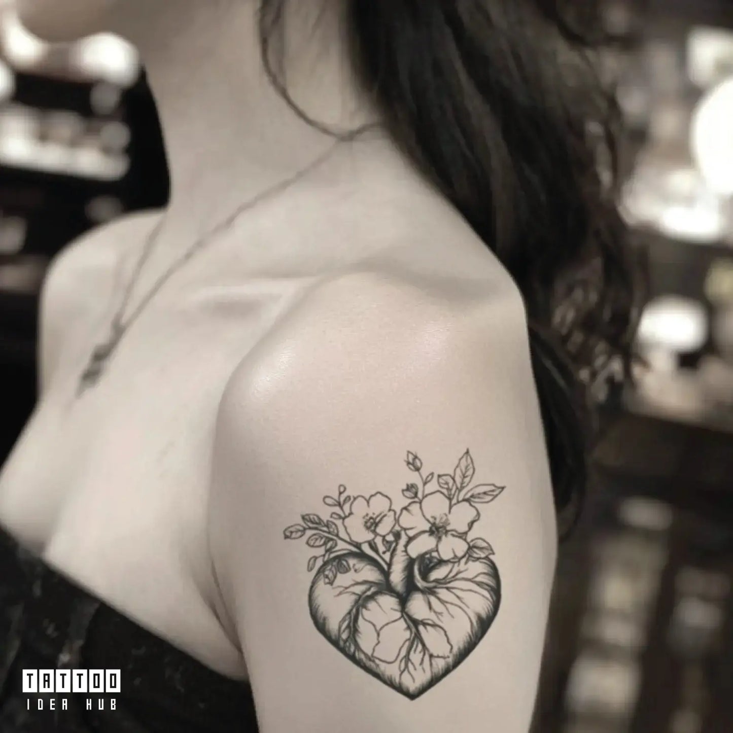 flowers anatomical heart bicep temporary tattoo idea design