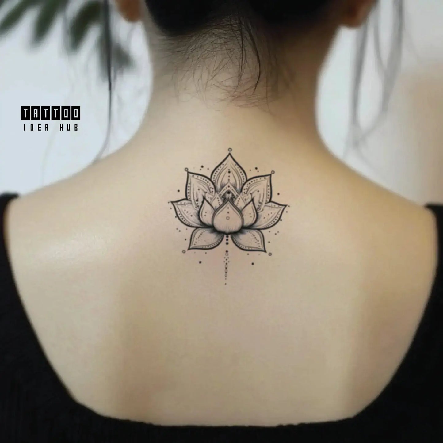 black and white mandala lotus flower outline neck temporary tattoo idea design