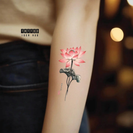 pink japanese lotus flower forearm temporary tattoo idea design