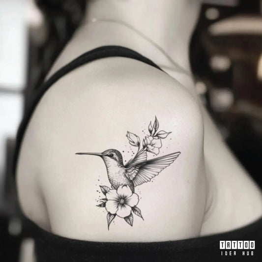 flower hummingbird black and white shoulder temporary tattoo idea design