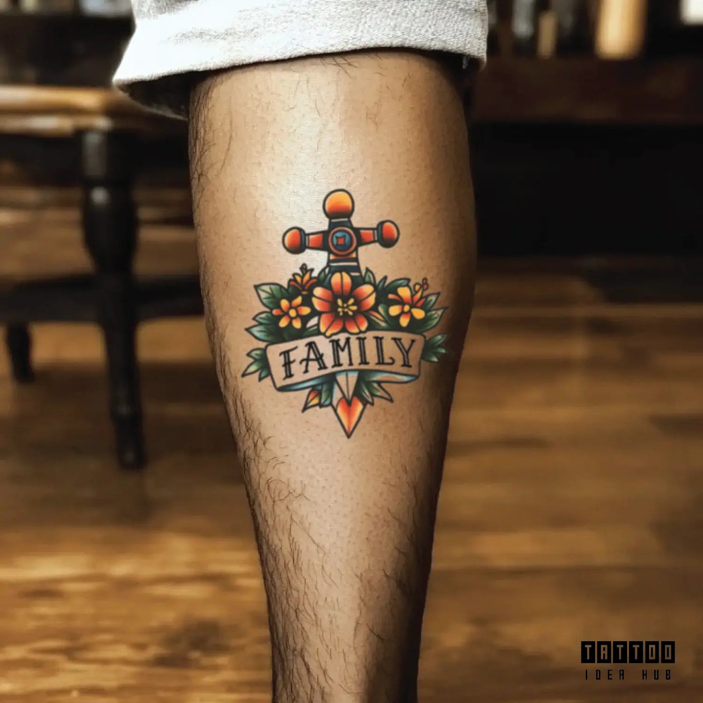 family traditional leg temporary tattoo idea design