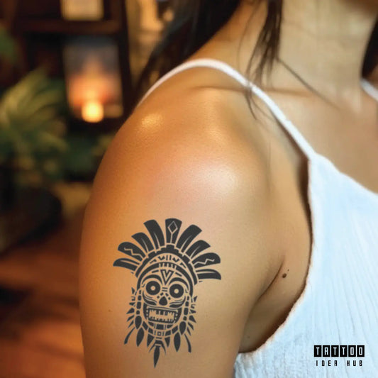 tribal aztec skull bicep temporary tattoo idea design