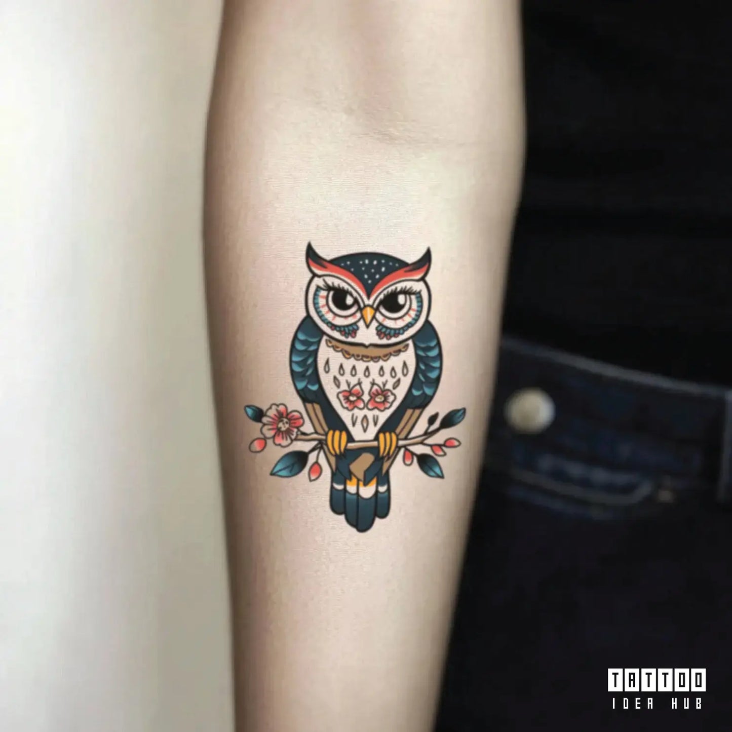 traditional owl forearm temporary tattoo idea design